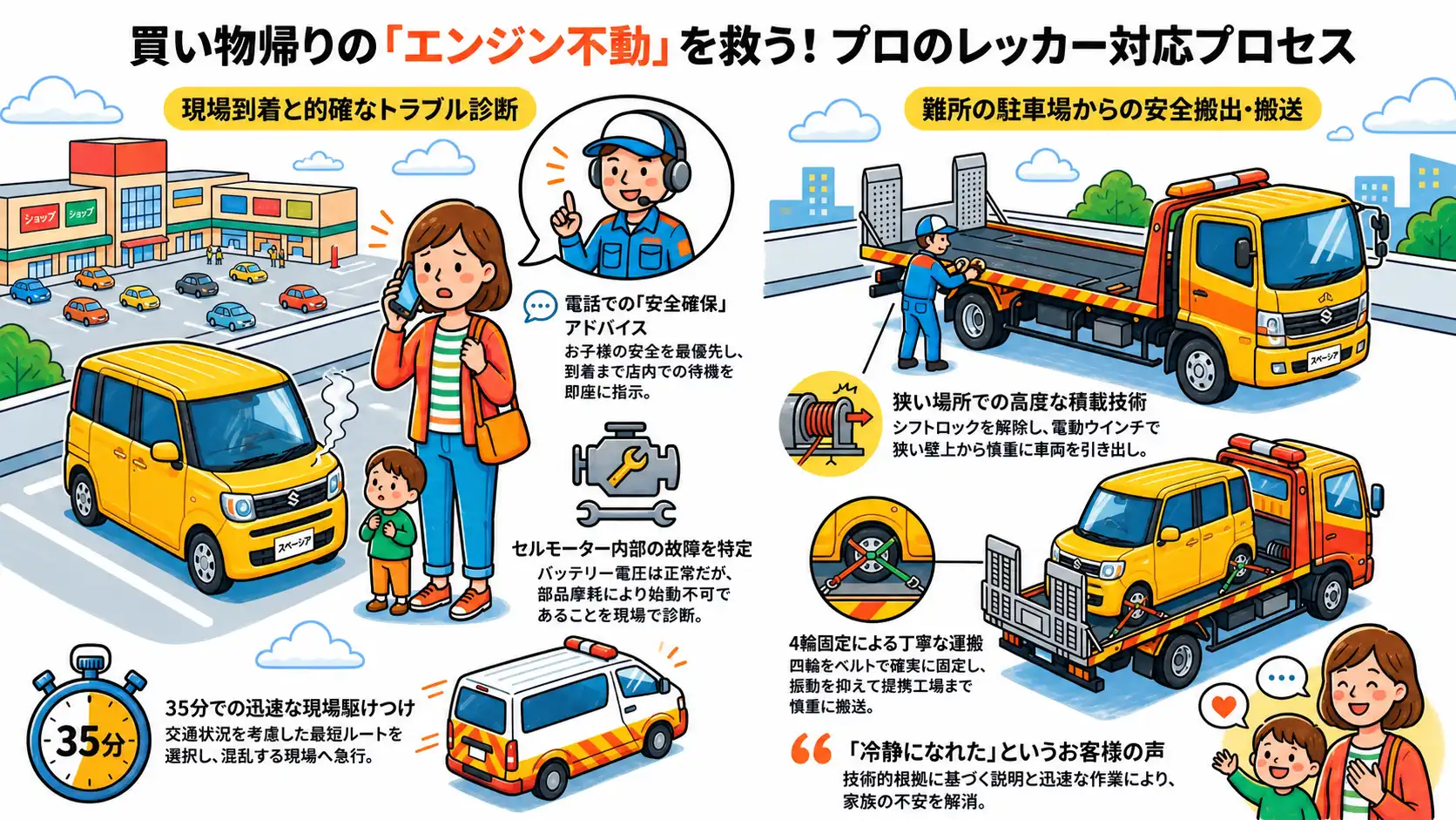【茨城県龍ケ崎市竜ヶ丘】買い物帰りに突如エンジン始動不能。セルモーター故障のスズキ・スペーシアを安全に積載搬送