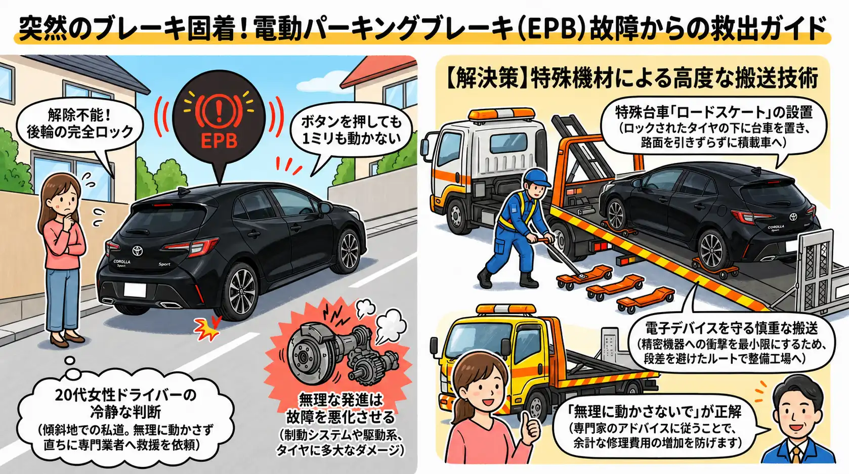【茨城県取手市ゆめみ野】電動パーキングブレーキの作動不良により移動不能。解除不可の車両をロードスケートで積載搬送