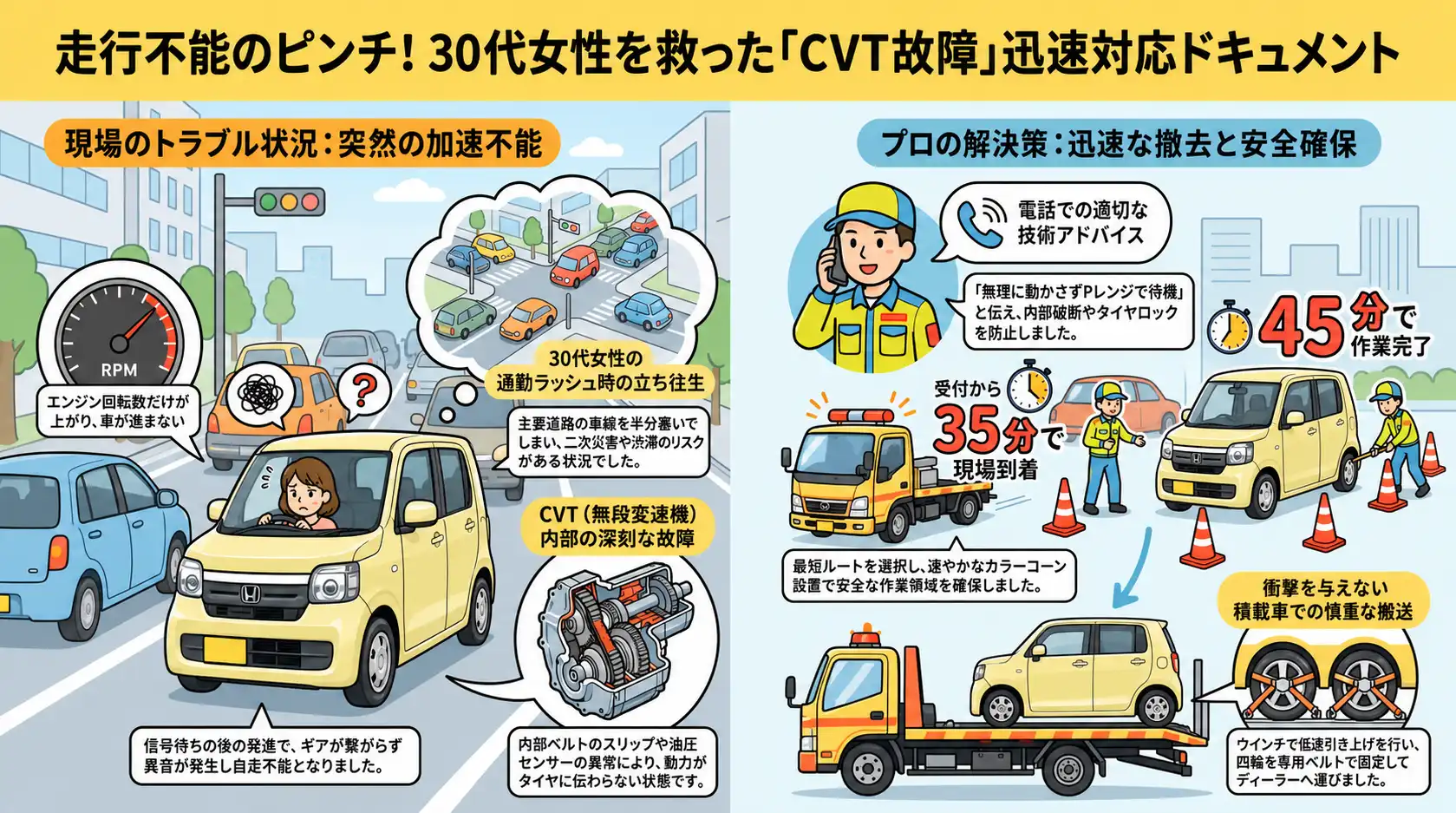 【茨城県常総市水海道宝町】通勤時間帯に突如加速不能。CVT（無段変速機）故障で不動となったホンダ・N-WGNを積載搬送