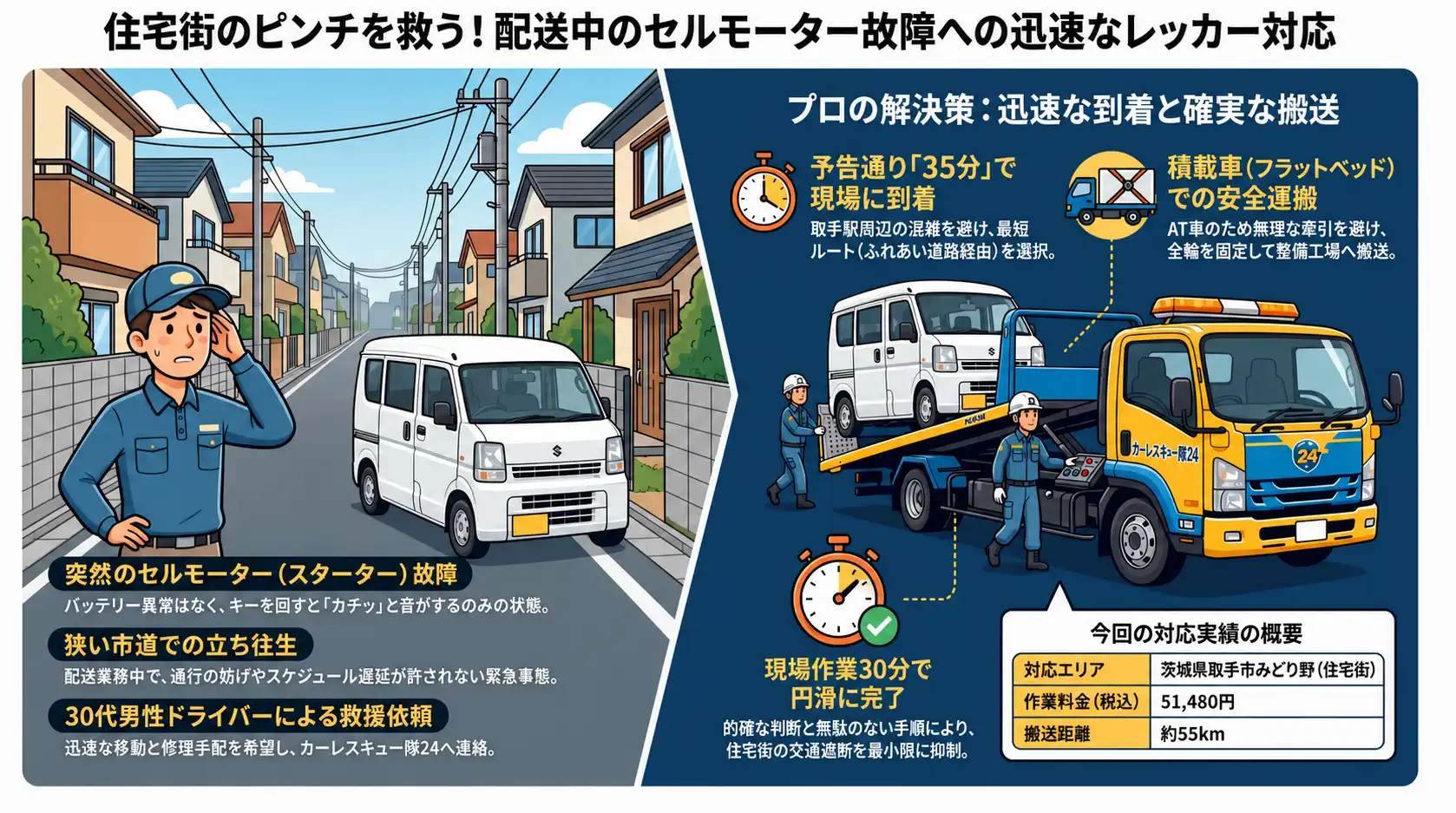 【茨城県取手市みどり野】セルモーター故障により再始動不能。住宅街で停車したスズキ・エブリイを整備工場へ搬送