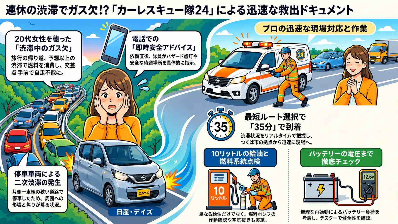 【茨城県常総市内守谷町】連休最終日の激しい渋滞で燃料切れ。路上で立ち往生した日産・デイズを給油作業で救出