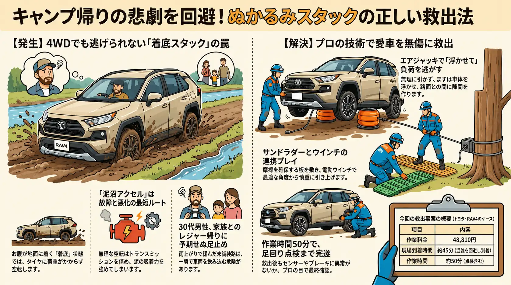 【茨城県下妻市堀籠】キャンプ場付近のぬかるみでスタック。駆動系保護を優先しトヨタ・RAV4を安全に救出