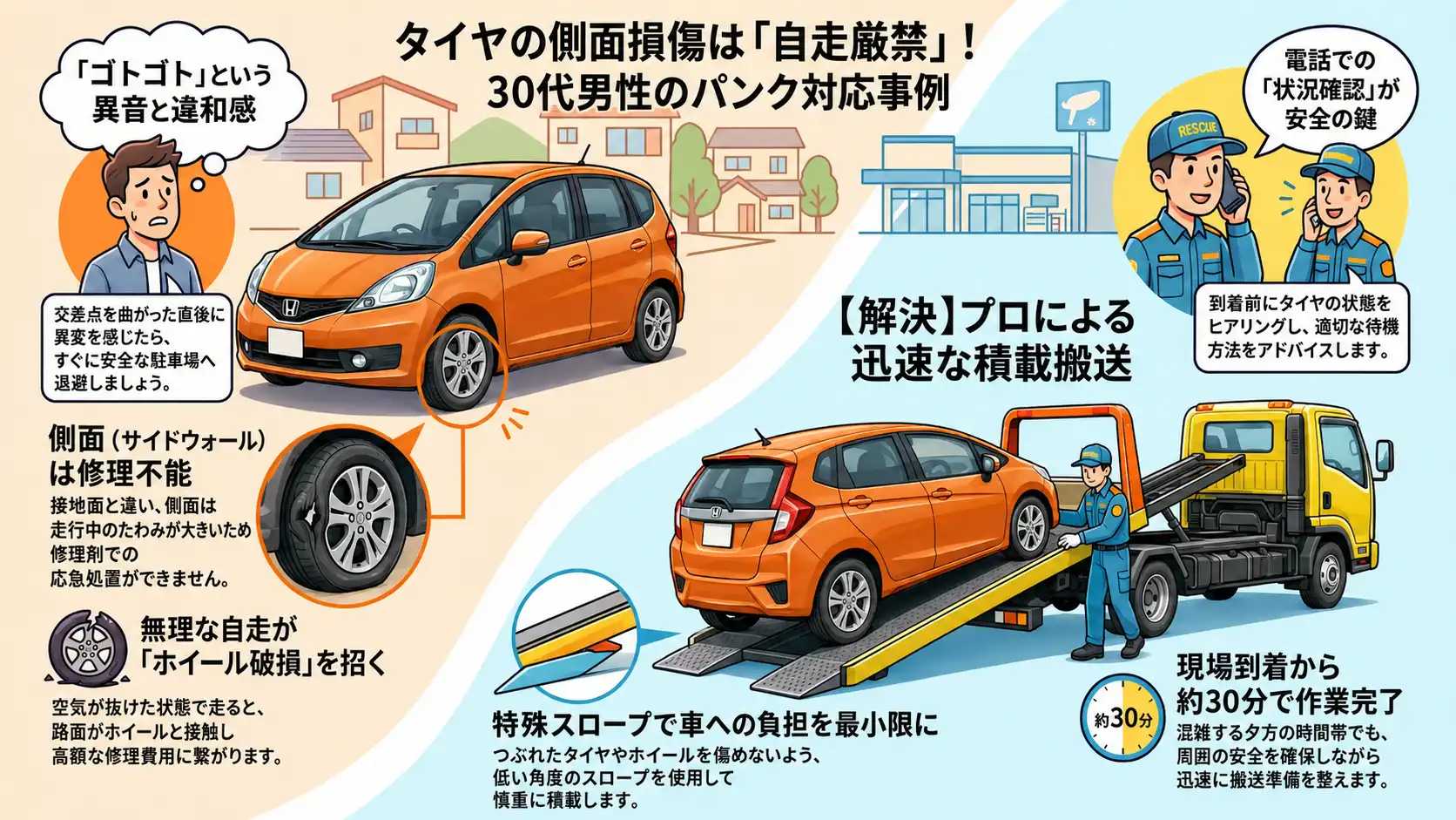 【愛知県一宮市木曽川町黒田】ホンダ・フィットがタイヤ側面を損傷。夕方の県道沿いで行ったパンク対応事例