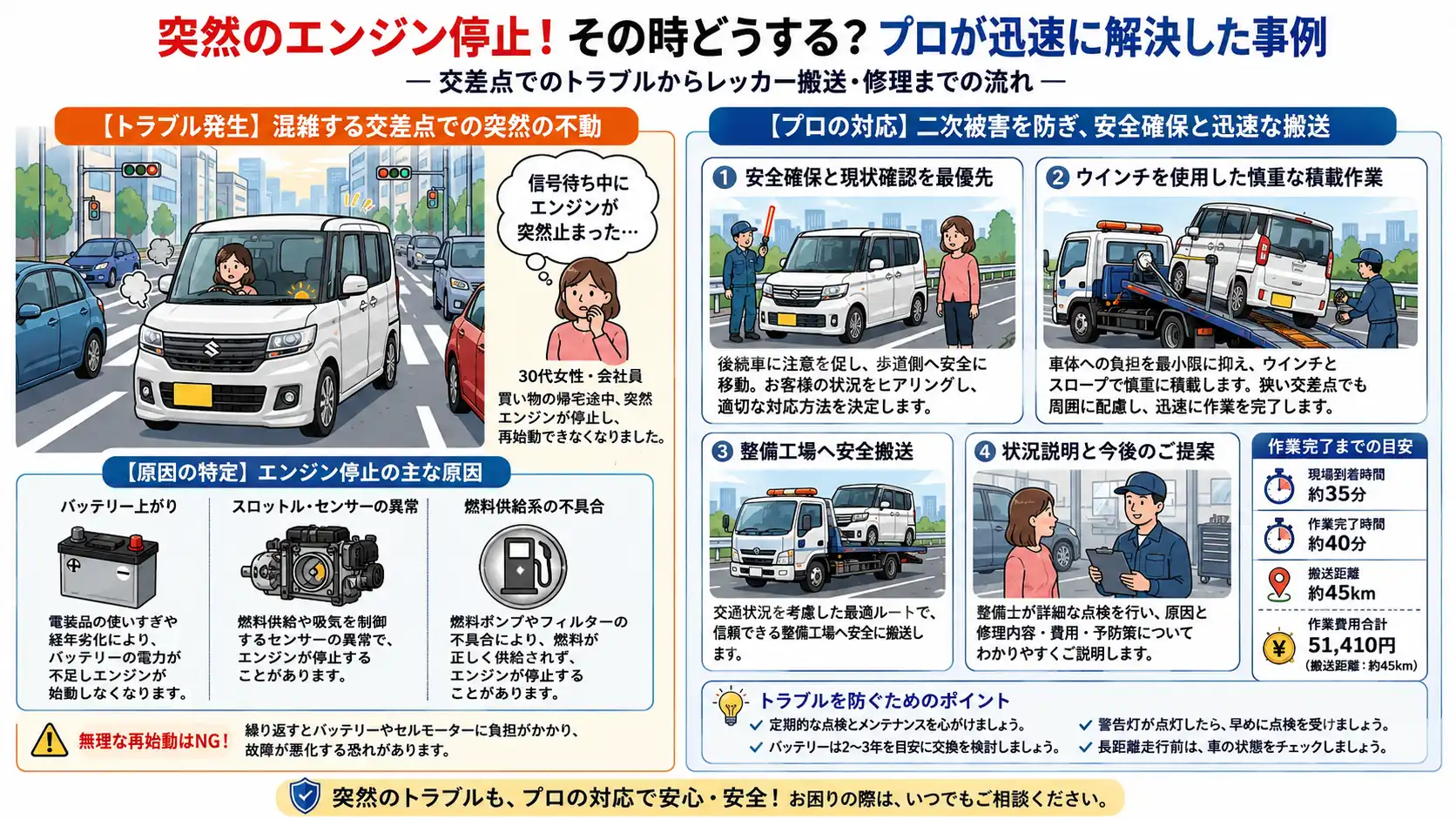 【愛知県あま市甚目寺】スズキ・ソリオが突然のエンジン停止。交差点手前でのレッカー搬送事例