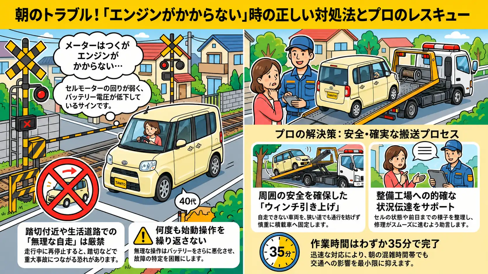 【愛知県清須市西枇杷島町】ダイハツ・タントが踏切近くで始動不能。朝の生活道路で行ったレッカー搬送事例