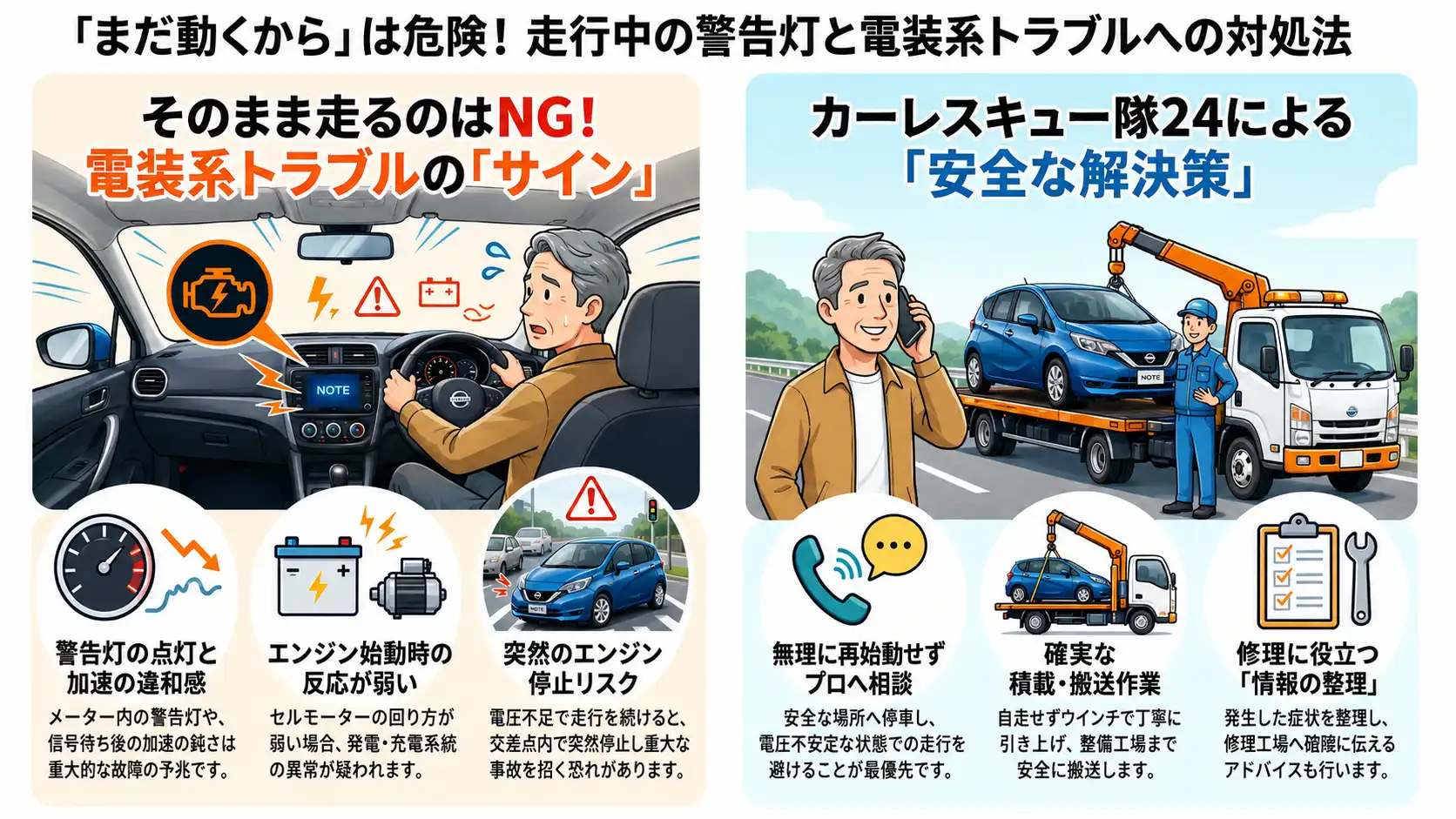 【愛知県北名古屋市鹿田】日産ノートに警告灯が点灯。電装系不良が疑われたレッカー搬送事例