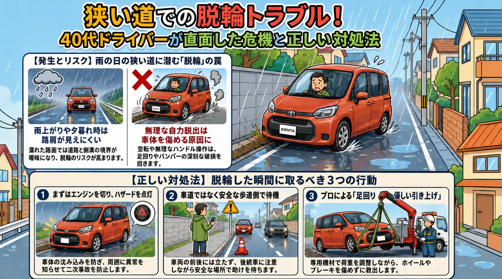 【愛知県岩倉市八剱町】トヨタ・シエンタが側溝へ前輪脱輪。雨上がりの狭い市道で行った引き上げ作業事例