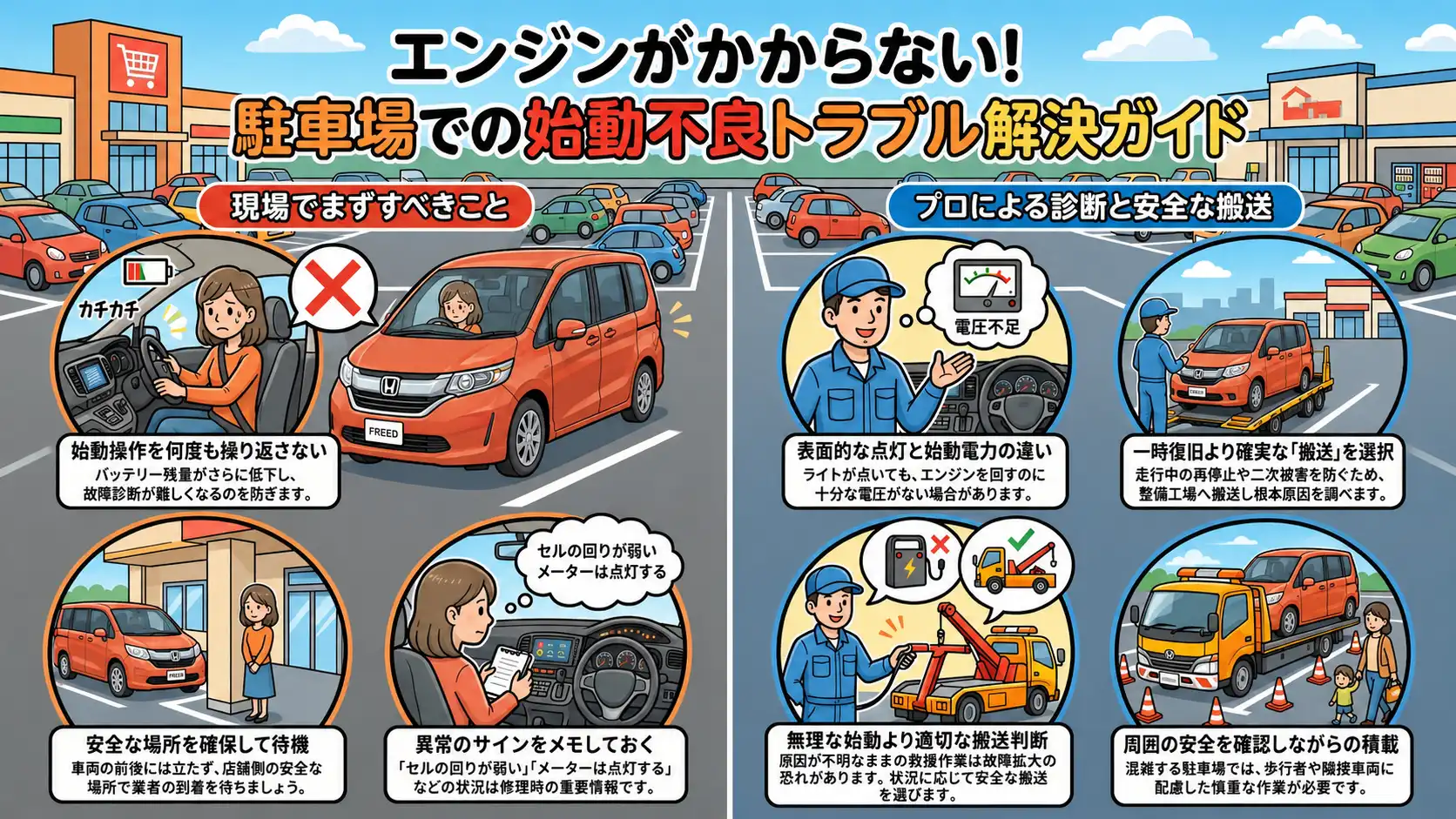 【愛知県江南市古知野町】ホンダ・フリードが始動不良。商業施設駐車場からのレッカー搬送事例