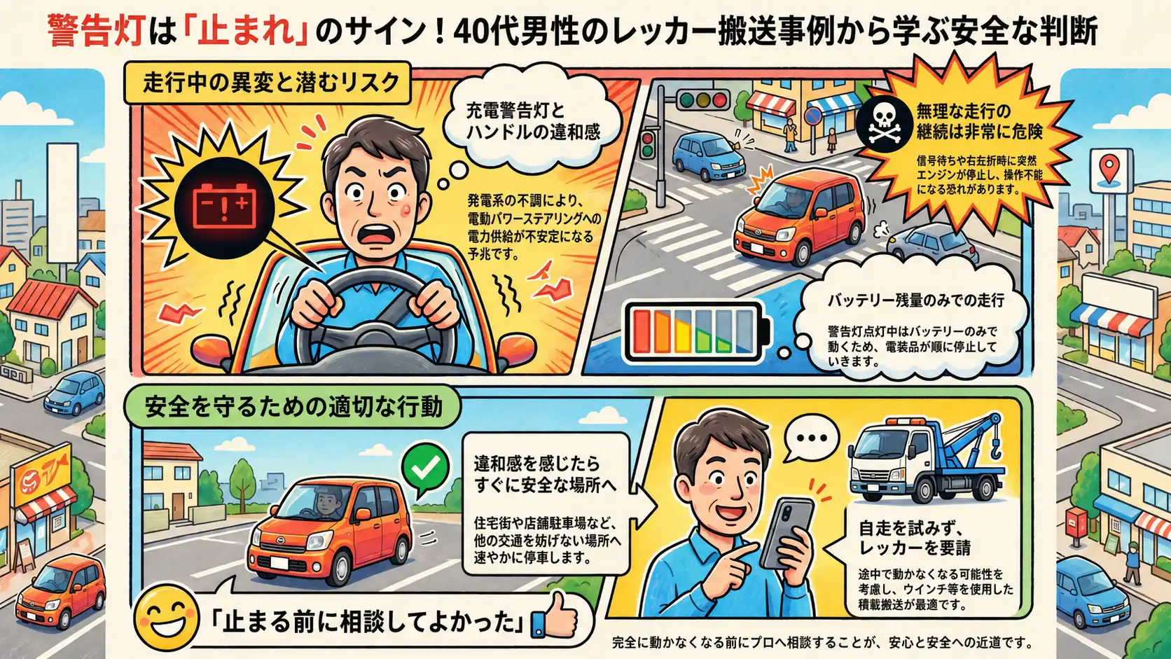 【愛知県岩倉市大地町】ダイハツ・ムーヴの充電警告灯が点灯。走行継続を避けたレッカー搬送事例