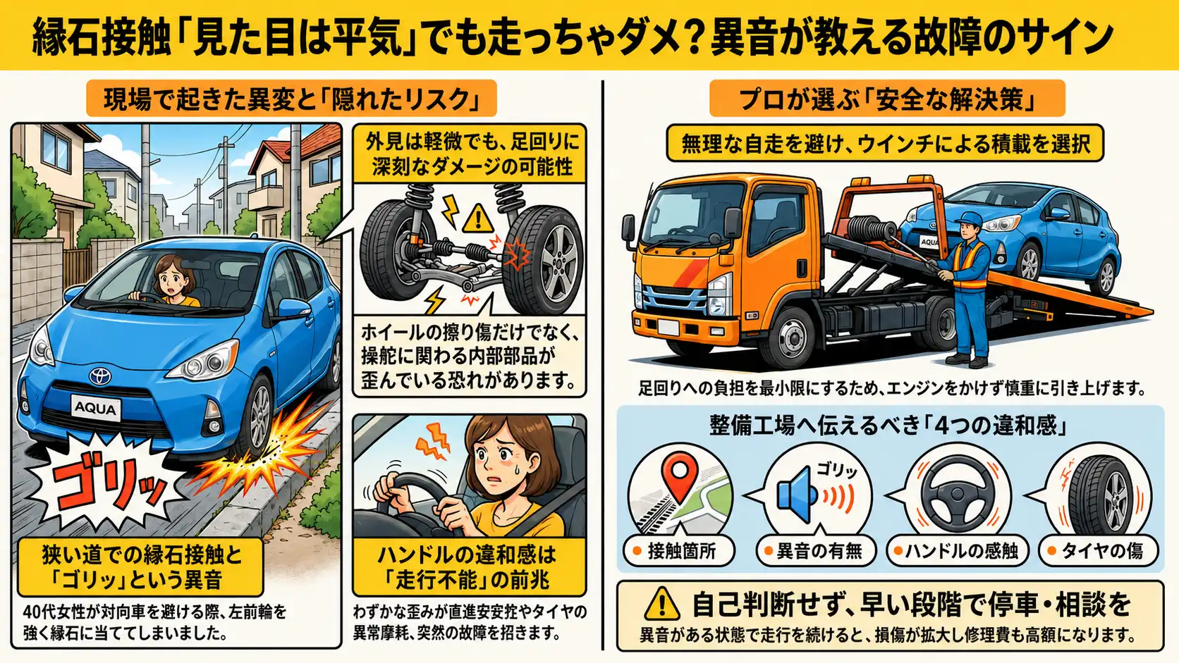 【愛知県北名古屋市熊之庄】トヨタ・アクアが縁石接触後に異音発生。足回り確認を伴う事故搬送事例