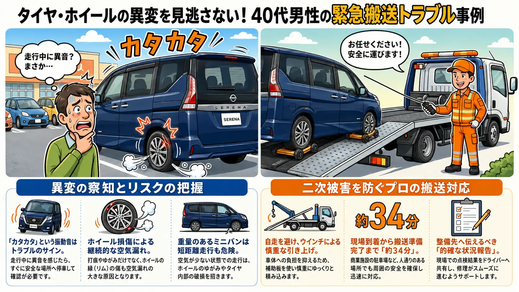 【愛知県清須市春日】日産セレナの右後輪から空気漏れ。ホイール損傷が疑われた搬送対応事例