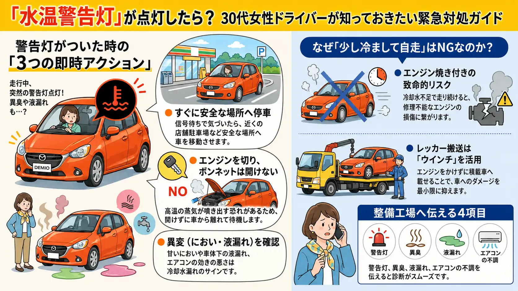 【愛知県津島市神守町】マツダ・デミオに水温警告灯。冷却水漏れが疑われたレッカー搬送事例
