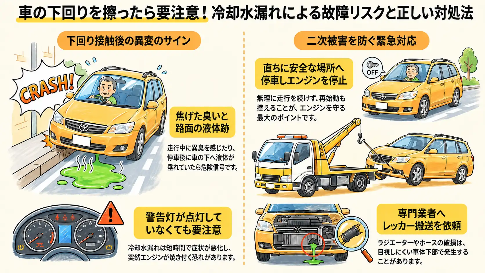 【愛知県一宮市浅井町尾関】トヨタ・カローラフィールダーの下回りを損傷。冷却水漏れが疑われた事故搬送事例