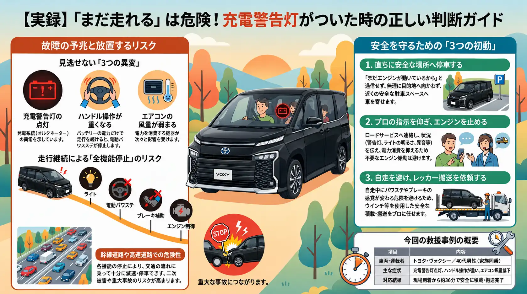 【三重県伊賀市佐那具町】トヨタ・ヴォクシーの充電警告灯が点灯。走行継続を避けたレッカー搬送事例