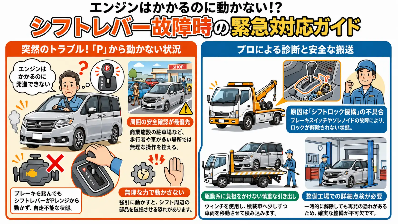 【愛知県一宮市丹陽町九日市場】ホンダ・ステップワゴンがシフト操作不能。駐車場内でのレッカー搬送事例