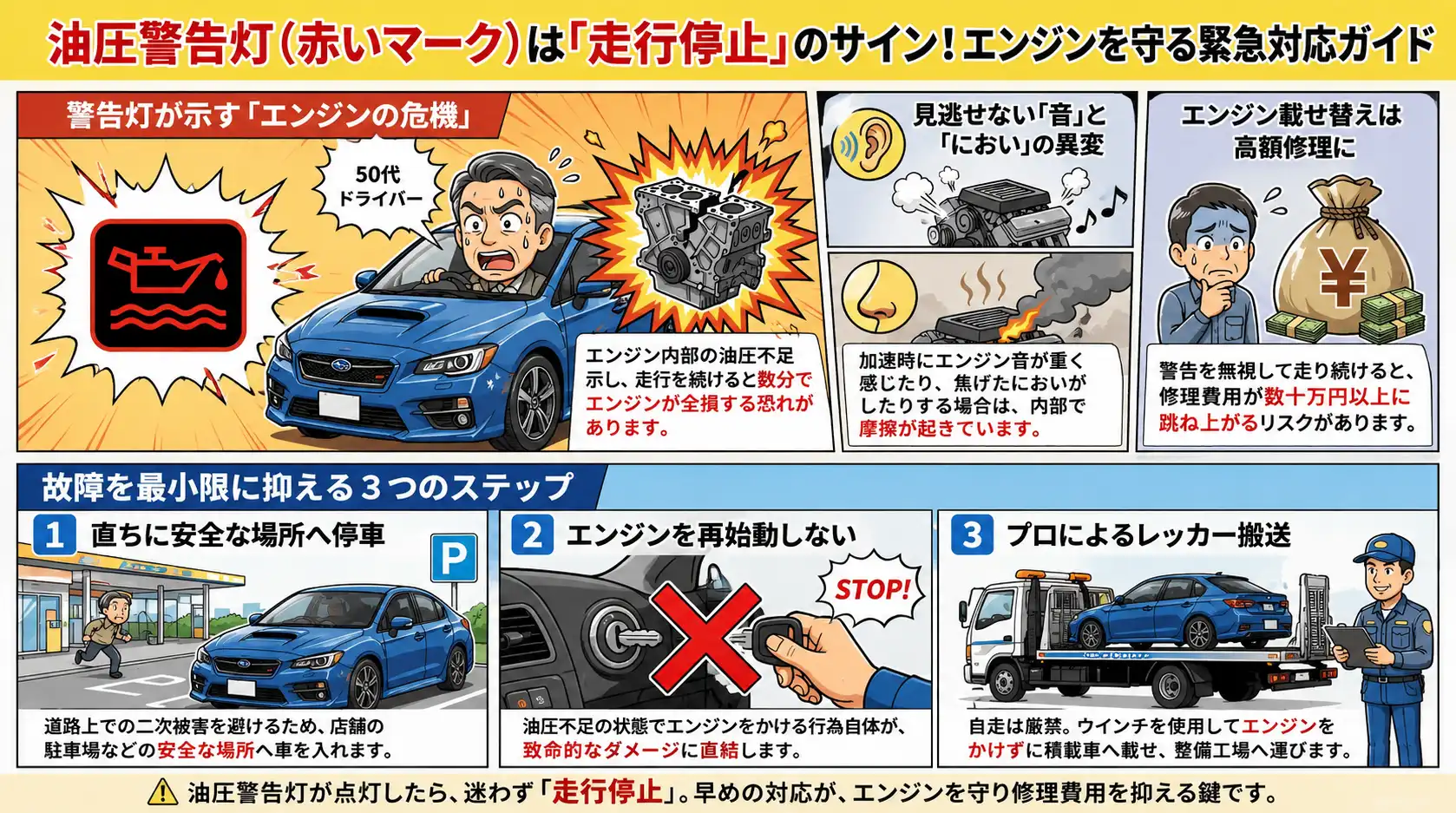 【愛知県津島市唐臼町】スバル・インプレッサに油圧警告灯。エンジン保護のため走行を止めたレッカー搬送事例