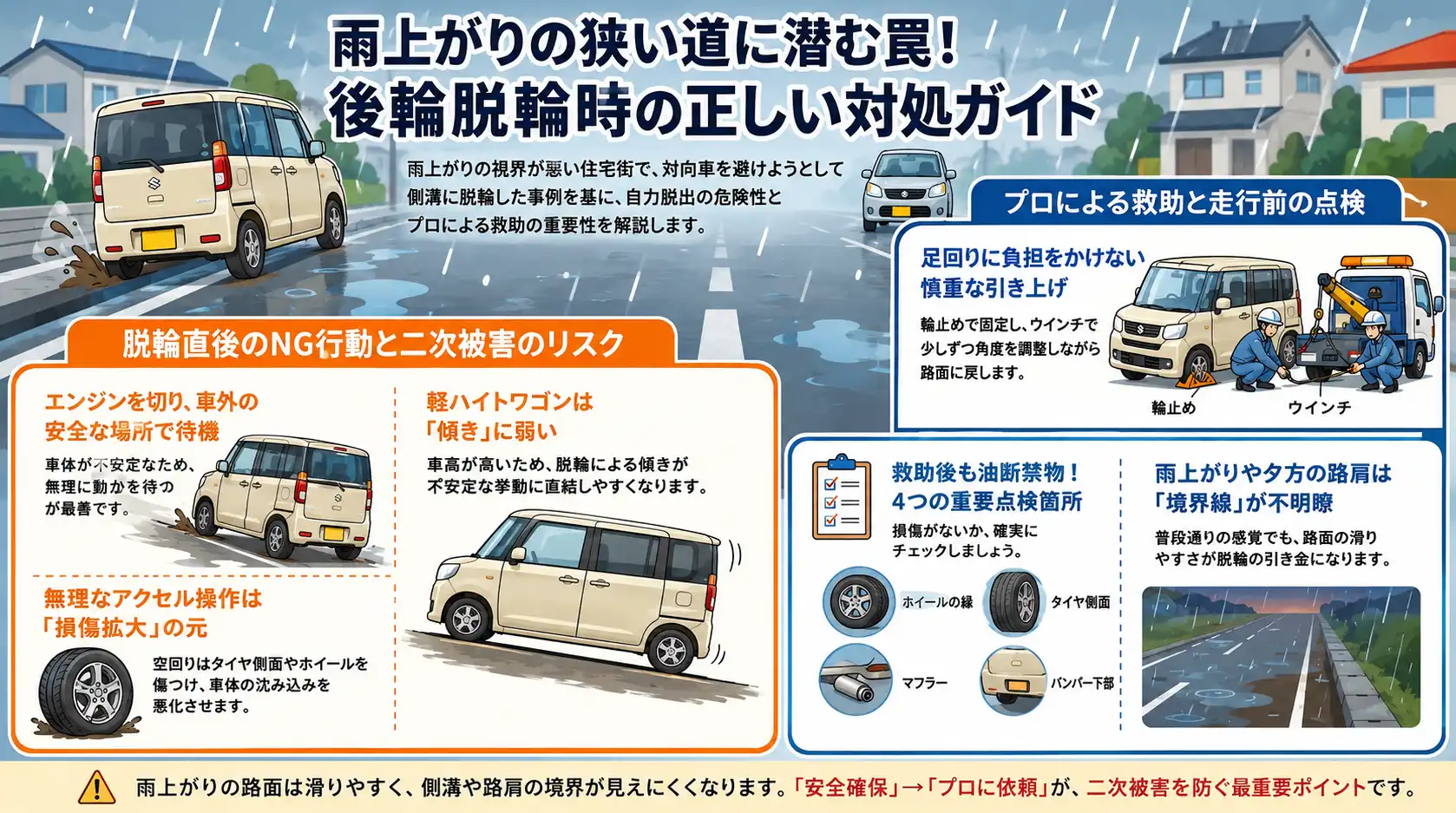 【愛知県あま市木田】スズキ・スペーシアが側溝へ後輪脱輪。雨上がりの住宅地で行った引き上げ作業事例