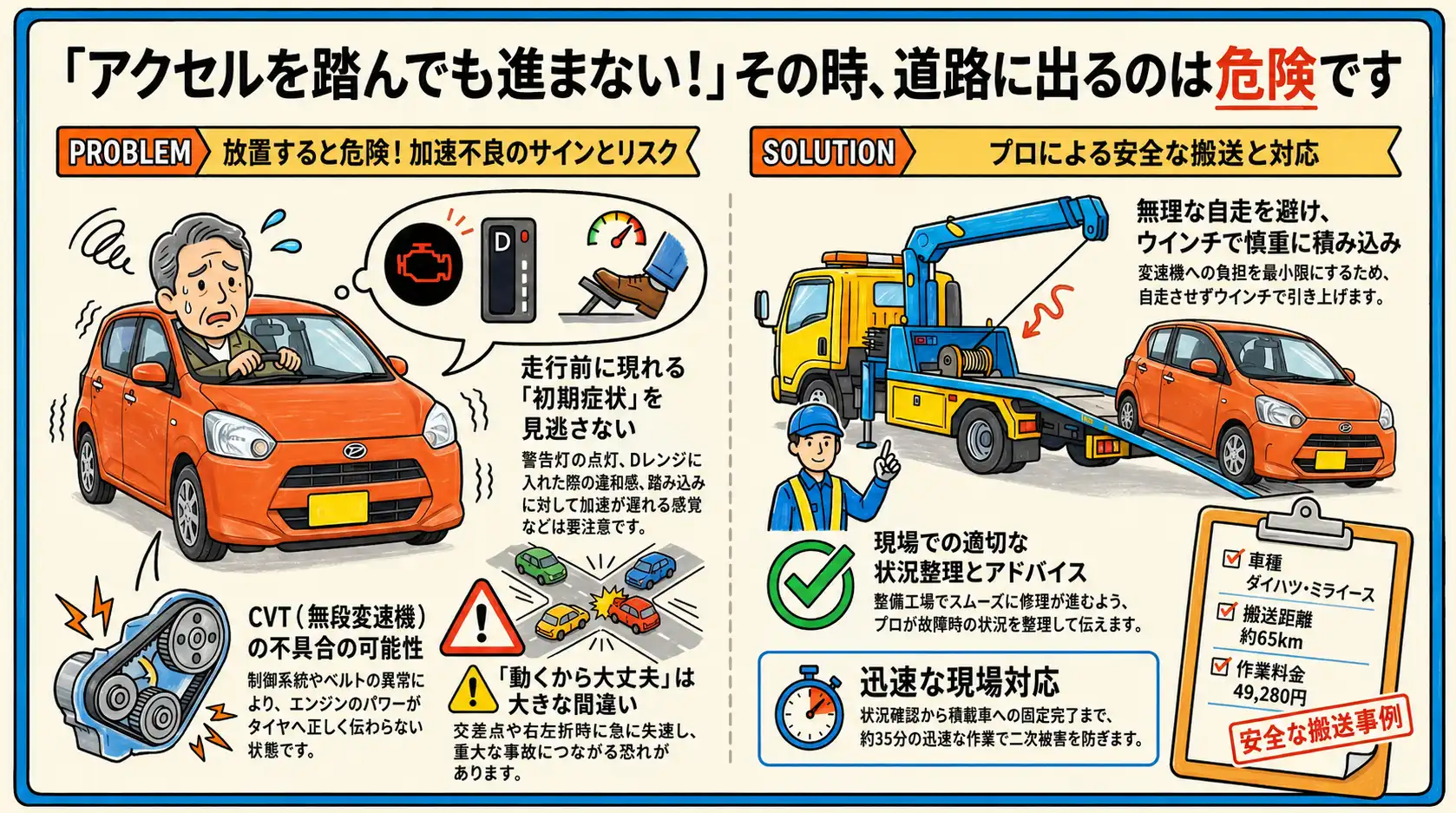 【愛知県清須市阿原】ダイハツ・ミライースが加速不能。CVT系統の不具合が疑われたレッカー搬送事例