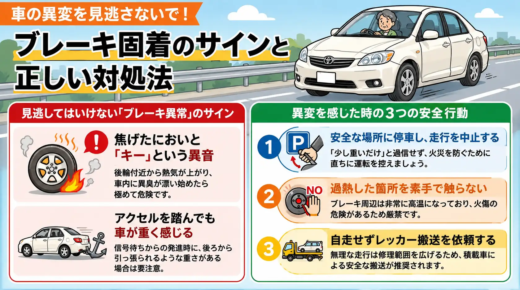【愛知県北名古屋市九之坪】トヨタ・カローラアクシオの後輪付近から焦げたにおい。ブレーキ固着が疑われたレッカー搬送事例