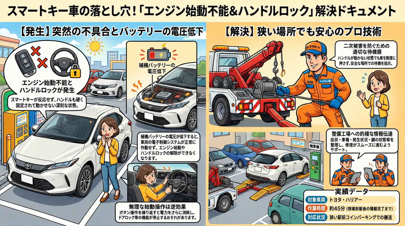 【愛知県岩倉市栄町】トヨタ・ハリアーがステアリングロック解除不能。駅前駐車場でのレッカー搬送事例