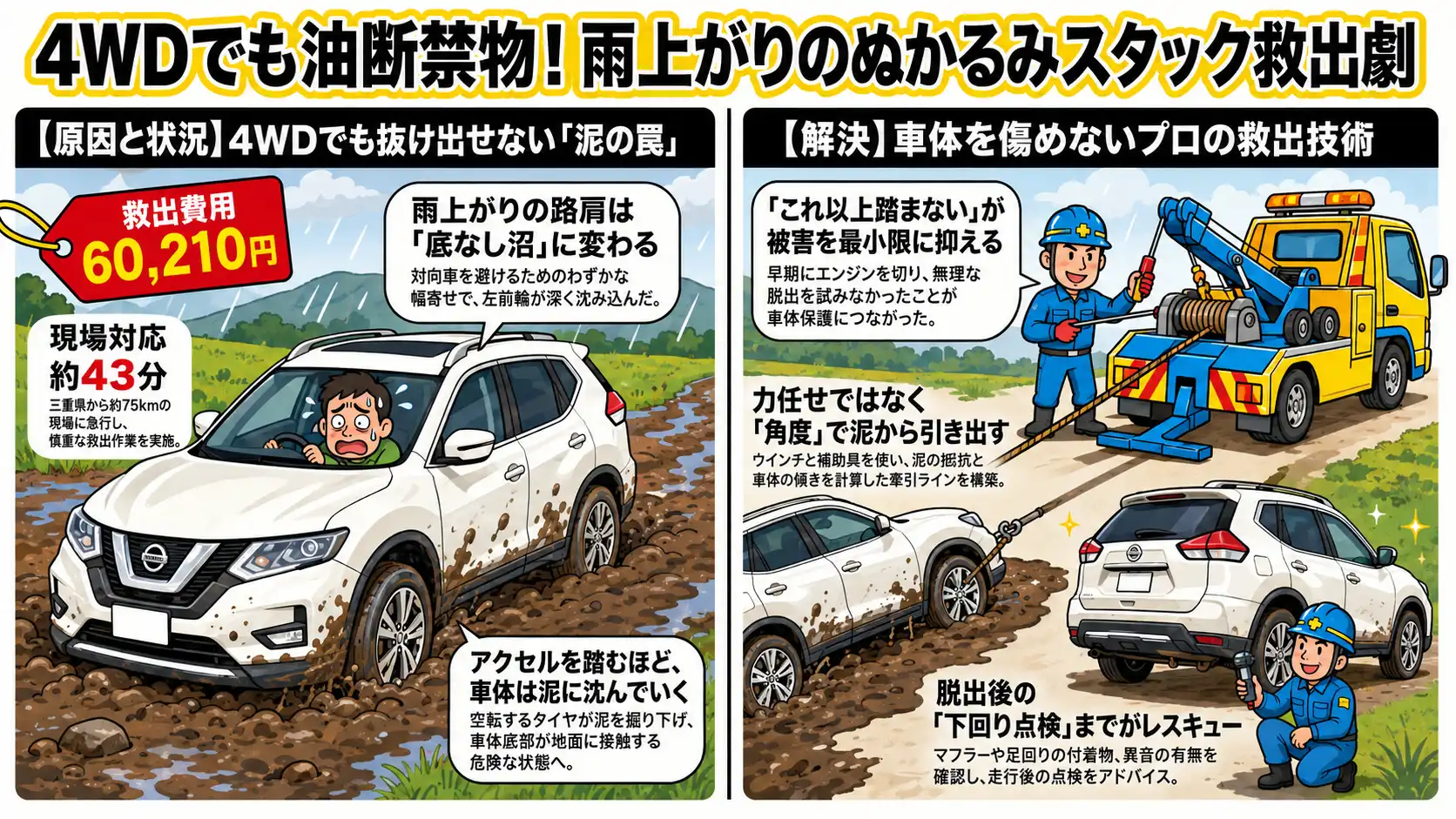 【愛知県江南市宮後町】日産エクストレイルがぬかるみにスタック。雨上がりの農道脇で行った引き出し作業事例