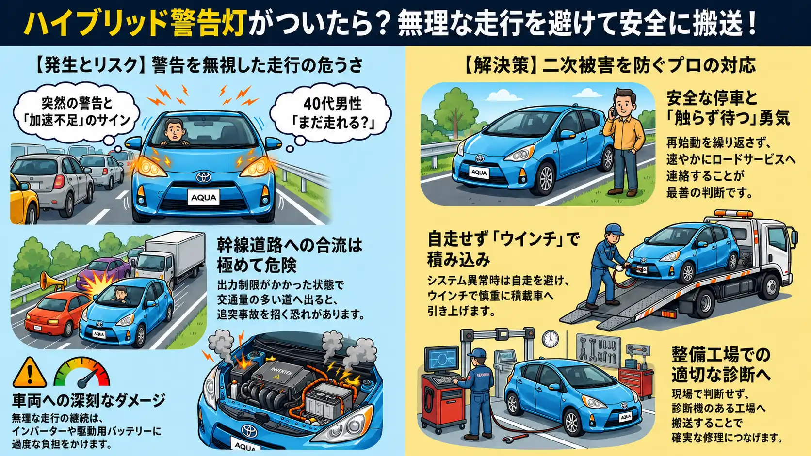 【愛知県あま市篠田】トヨタ・アクアにハイブリッド警告表示。走行再開を避けたレッカー搬送事例
