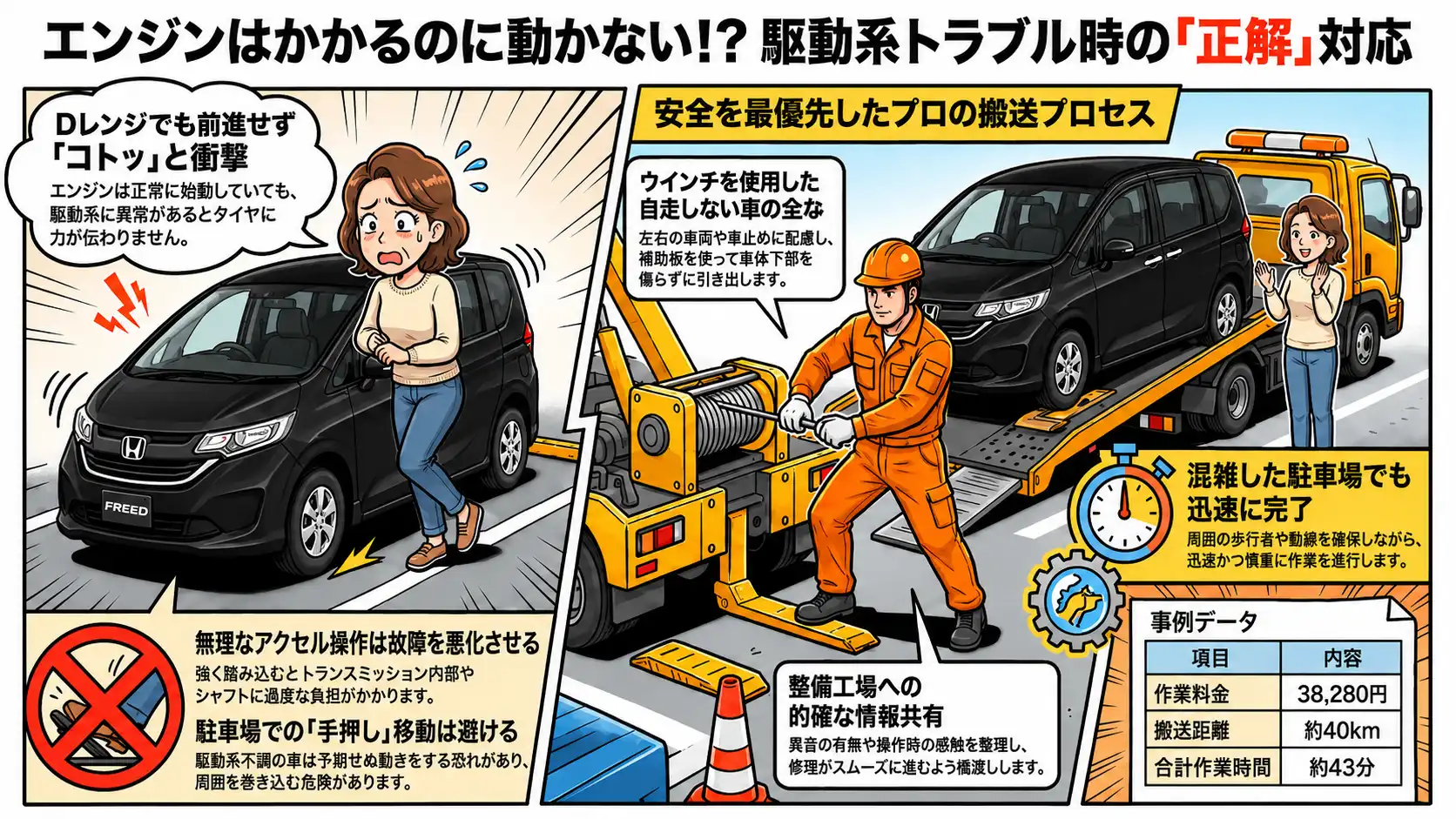 【愛知県津島市蛭間町】ホンダ・フリードがDレンジに入れても前進しない。駆動系トラブルが疑われたレッカー搬送事例