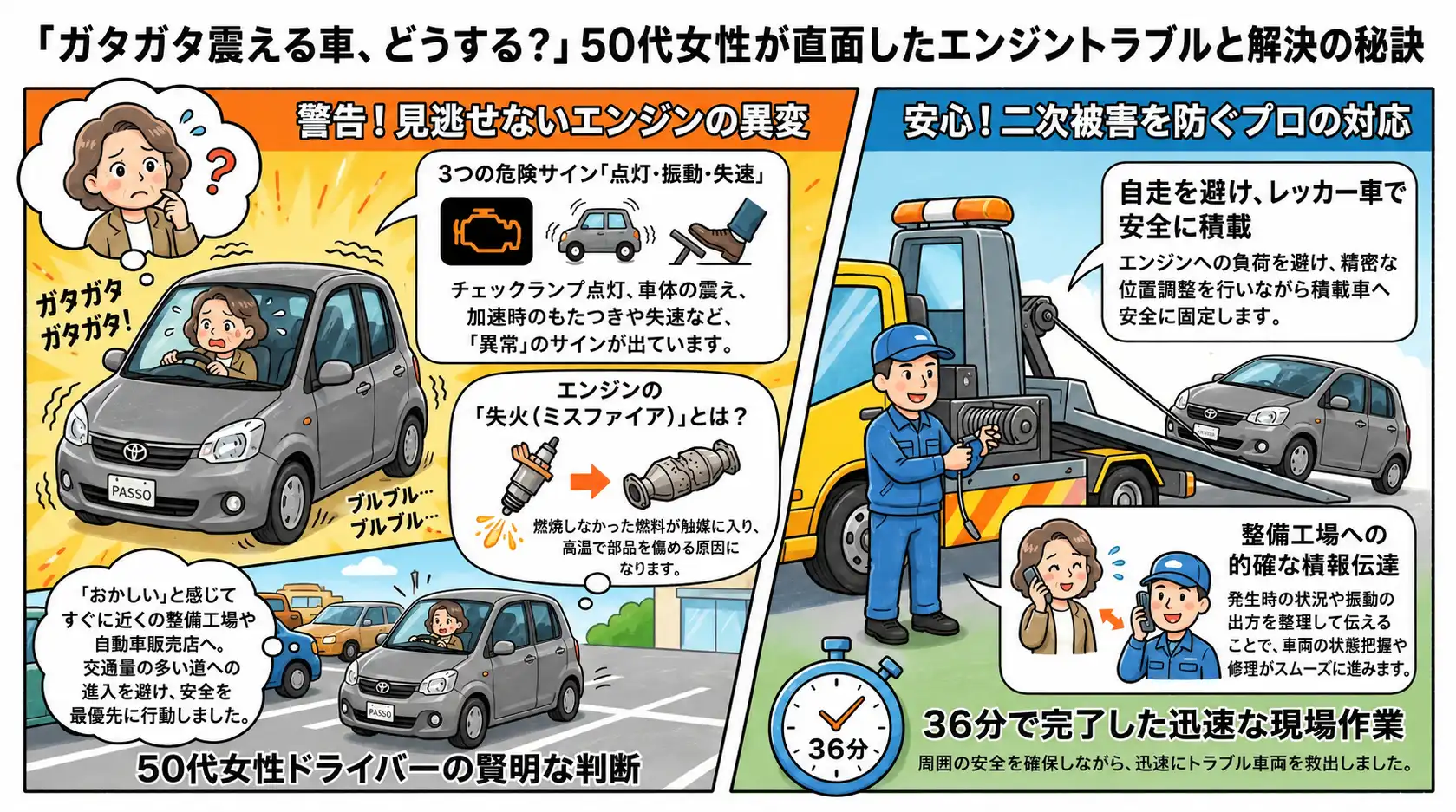 【愛知県江南市高屋町】トヨタ・パッソが激しい振動。エンジン失火が疑われたレッカー搬送事例