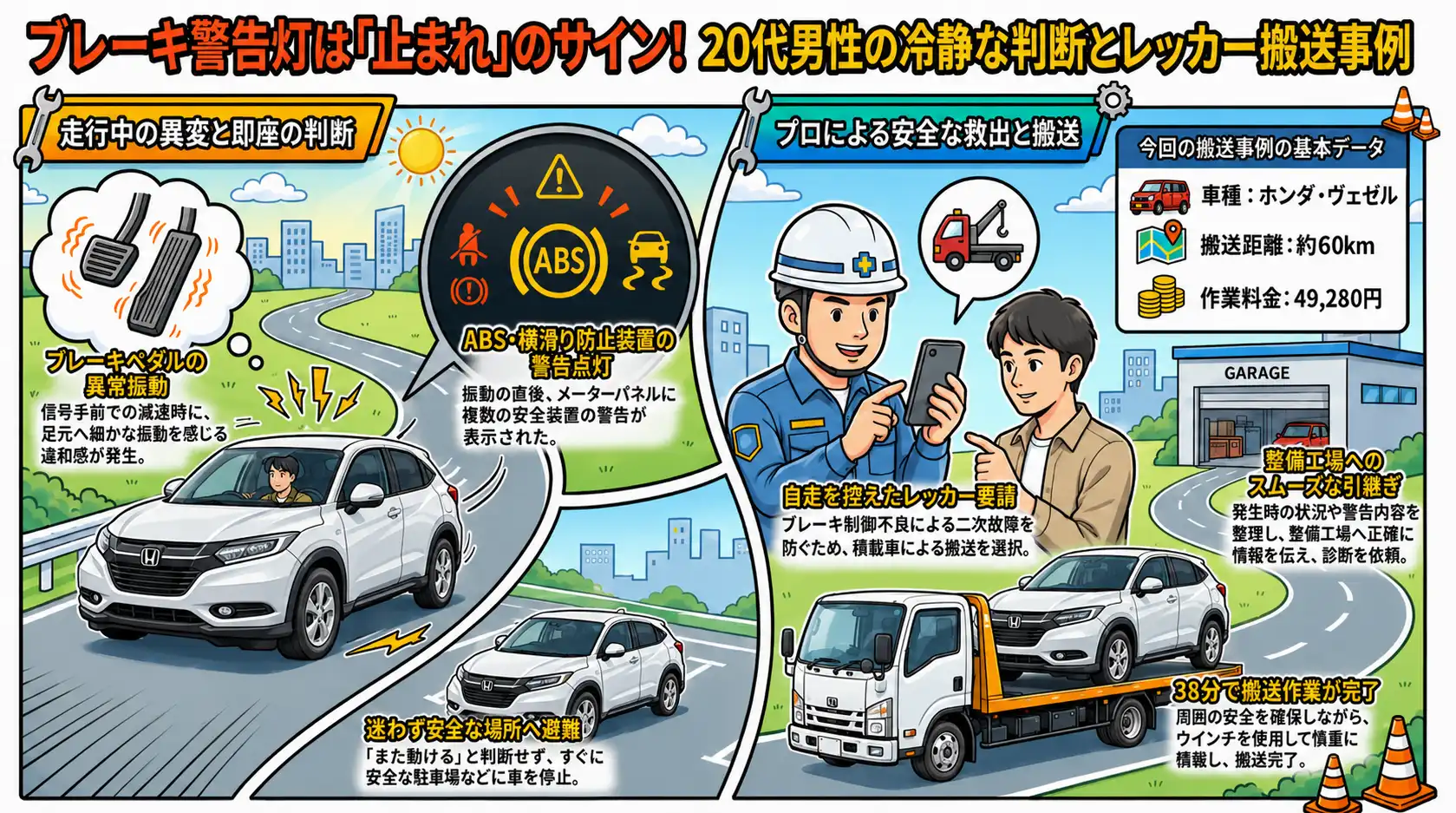 【愛知県清須市清洲】ホンダ・ヴェゼルにABS警告表示。ブレーキ制御不良が疑われたレッカー搬送事例