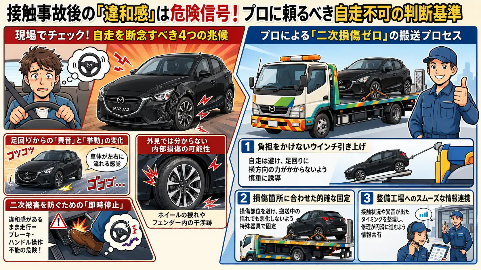 【愛知県あま市坂牧】マツダ・MAZDA2が接触事故後に前輪まわりを損傷。自走を避けた事故搬送事例