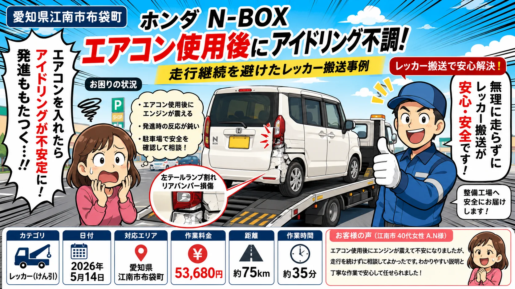 【愛知県江南市布袋町】ホンダ・N-BOXがエアコン使用後にアイドリング不調。走行継続を避けたレッカー搬送事例