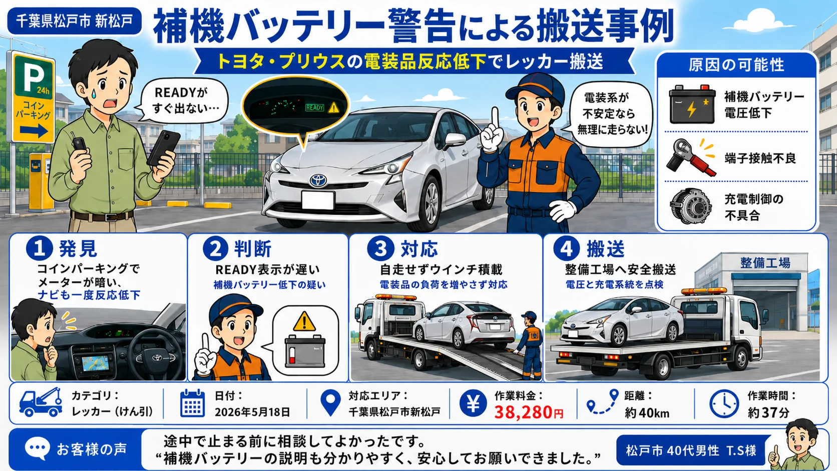 【松戸市 レッカー】新松戸でプリウスの電装品反応低下によりレッカー搬送した事例