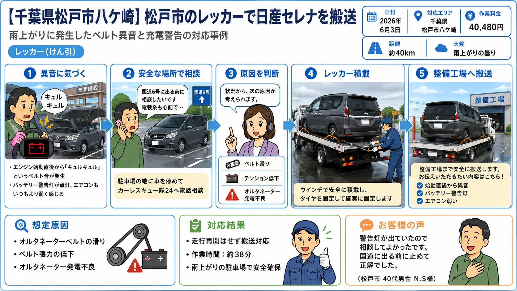 【千葉県松戸市八ケ崎】松戸市のレッカーで日産セレナを搬送。雨上がりに発生したベルト異音と充電警告の対応事例